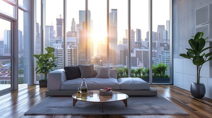 Wall Mural - Studio apartment with large windows offering a view of the city skyline.