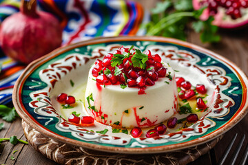 Canvas Print - Creamy dessert with pomegranate seeds and parsley.