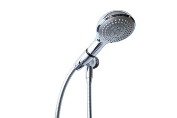 A handheld showerhead with a flexible hose and an ergonomic grip, isolated on a white background