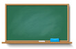 © ApoevArt - Blank chalkboard in school classroom realistic vector illustration. Green mockup board with chalk and sponge 3d object on white background
