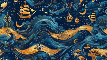 Golden Ships Sailing Turbulent Blue Waves Under Starry Night