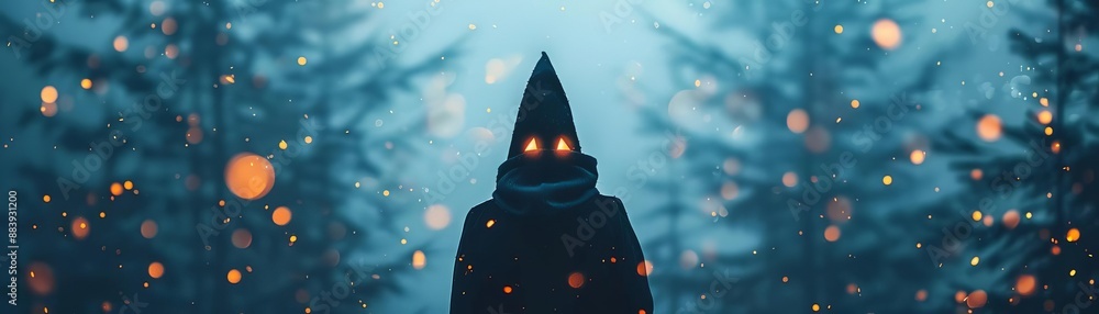 Mysterious hooded figure with glowing eyes in a dark, foggy forest ...