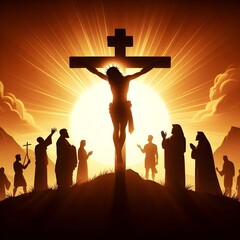 Wall Mural - sunset vector  Illustration of Jesus Christ's Crucifixion silhouette on the Cross, a vital moment in the Christian faith.