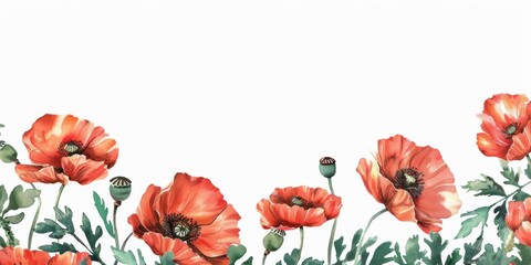 Wall Mural - a stationery border of poppy flowers and leaves 