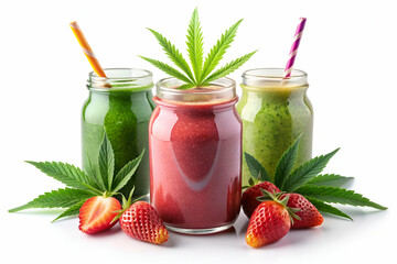 Wall Mural - Three smoothies with straws in them, one of which has a green leaf on top. The other two are red and green