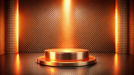 Wall Mural - Isolated realistic orange cylindrical podium stands alone on a futuristic 3D background with metallic grid and subtle ambient lighting.