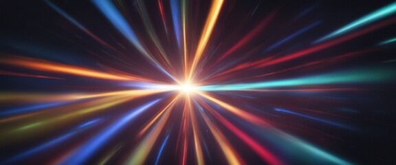 Colorful light beams radiating from a central point on a dark background