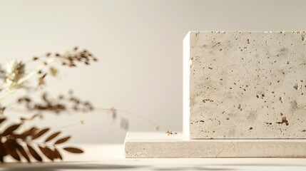 front angle shot close up empty minimalistic nature stone podium soft form beige natural colors cinematic filters soft studio lighting minimalistic form show surface dry plants sachets with herbs deco