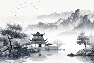 Wall Mural - Chinese landscape architecture illustration, traditional Chinese ink painting style, ancient buildings and pavilions, trees on the shore of rivers and lakes, mountains in background, black white gray 