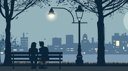 Wall Mural - Two friends on a bench, view from behind, park, old street lamp above them, peaceful, friendly, melancholy, some trees, city on background, evening but not night, realistic scene, Minimalist flat vect