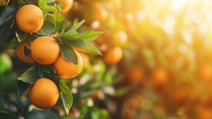 Wall Mural - Oranges on a branch with green leaves on tree. Delicious, ripe, fresh fruits