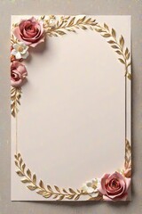 Wall Mural - A vintage greeting card with a single white rose and a gold frame perfect for a romantic weeding invitation