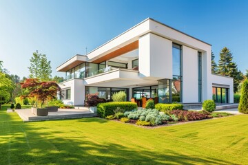 Canvas Print - modern house with well-kept garden, minimalist, daylight 