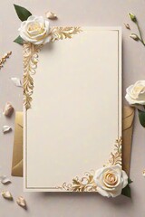 Wall Mural - A vintage greeting card with a single white rose and a gold frame perfect for a romantic weeding invitation