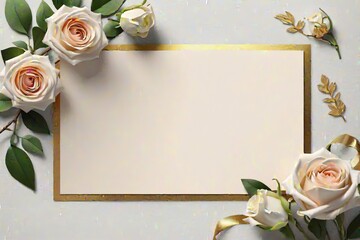 Wall Mural - A vintage greeting card with a single white rose and a gold frame perfect for a romantic weeding invitation