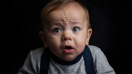 Portrait of a little baby, she is in shock, black background with copy space