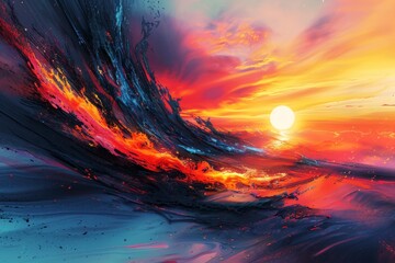 Wall Mural - Cool abstract painting Japanese animation VFX High quality Cyber â€‹â€‹deformation Detailed drawing Detailed drawing around Emphasizing the frame lines ::1 Sunset The background is a calm horizon with