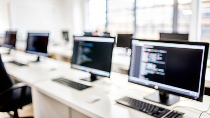 coding workspace blur - blurred view of a coding or programming workspace with computers and code on