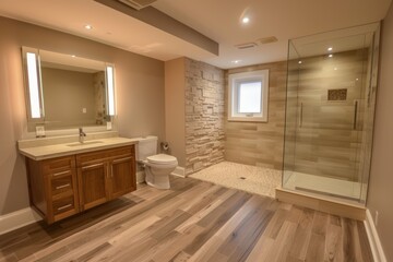 Wall Mural - Basement renovation showcasing new basement lighting and a basement bathroom