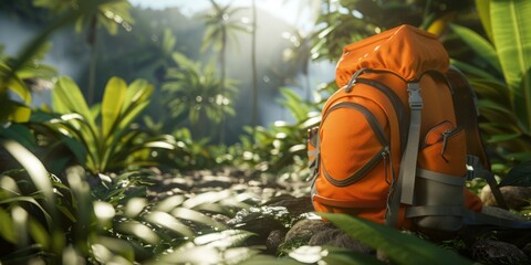 Wall Mural - Orange Backpack in a Lush Tropical Forest