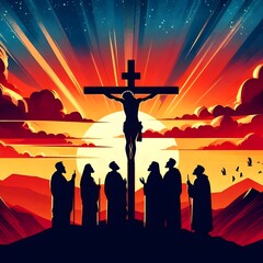 Wall Mural - Christmas and Easter Illustration of Jesus Christ's Crucifixion silhouette on the Cross