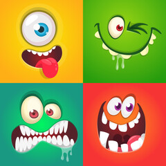 Canvas Print - Funny cartoon monster faces set. Illustration of monsters or aliens different expression. Halloween design. Vector isolated