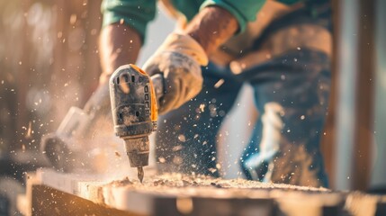 Close-up of a contractor using a power tool during home improvement work.