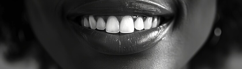 Close-up of a radiant smile with bright white teeth. Black and white photo emphasizing the beauty of a cheerful expression.