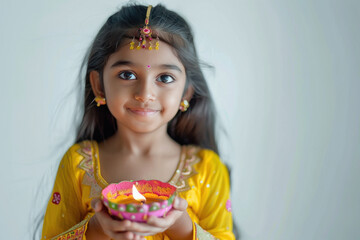 Wall Mural - Indian little girl holding diya in hand on diwali festival