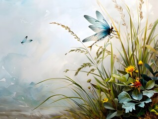 Canvas Print - Enchanting Mayfly Meadow: A Whimsical Floral Ecosystem with Vibrant Dragonflies and Butterflies