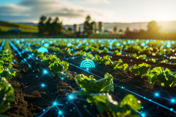 High-tech smart farm with IoT devices monitoring crop