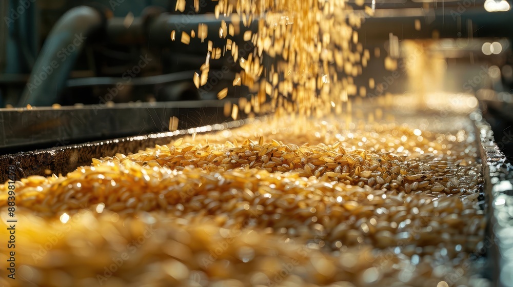 Conveyor belt filled with fresh golden corn kernels being processed in ...