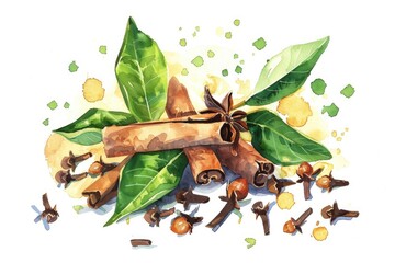 Canvas Print - Aromatic Clove Spice and Green Leaves. Hand-Painted Watercolor Illustration on White Background