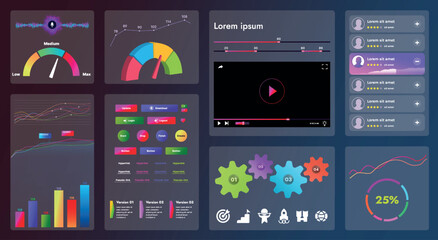 The picture shows the interface of a web application or site, consisting of navigation elements, buttons and various components. Design includes menu, search form, icons and vector graphics.