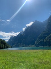 Wall Mural - Klöntalersee, Glarus, Switzerland - alpine lake on a sunny day, swiss alps, beautiful idyllic