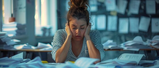 Tearful entrepreneur in despair, sitting amidst scattered documents, illustrating work-related depression