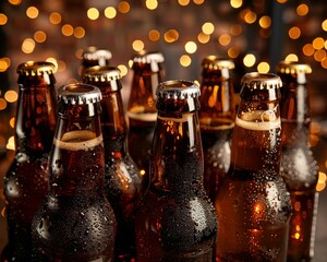 Wall Mural - Close-Up of Brown Beer Bottles with Condensation, Sparkling Against a Festive Bokeh Background