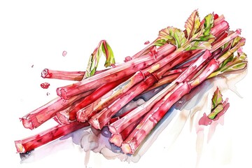 Wall Mural - Delicious Rhubarb Crumble Pie with Freshly Cut Rhubarb Stalks. Watercolor Illustration on White Background