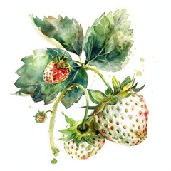 Sticker - Delicious White Strawberry Watercolor Illustration. Fresh Ripe Pineberry Fruit on White Background