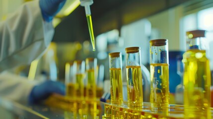 Researchers use instruments to test yellow medicine, science laboratory, bright scene 