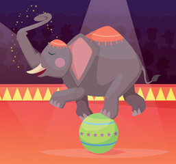 Poster - circus elephant. performance with trained big animal standing on ball. vector elephant on arena