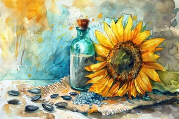 Poster - Hand Drawn Sunflower Seeds and Oil Set with Sea Salt, Flowers - Watercolor Illustration