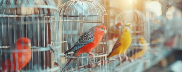 Close-up of small colorful birds in cages. Free copy space for banner.