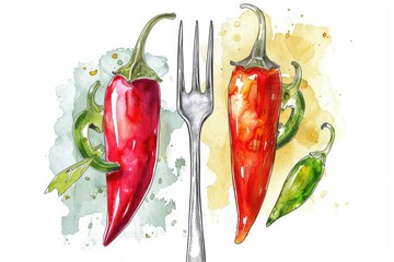 Sticker - Hand-Drawn Chili Pepper and Jalapeno on Fork. Healthy Diet and Fresh Ingredients Concept