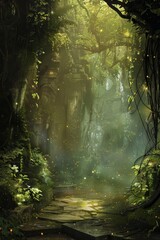 A mystical forest stage, with an ancient stone floor, vines hanging from the trees, and fireflies casting an ethereal glow. 