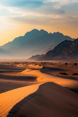 Wall Mural - Distant mountains, sandy desert, and nearby dunes in the morning desert of the Arabian Peninsula, 