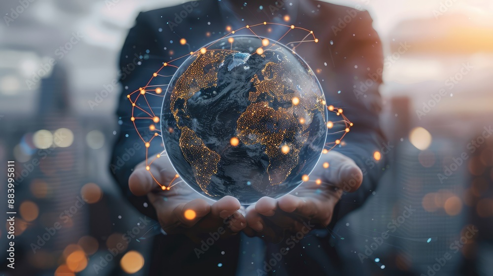 businessman holding Global network connection. Big data analytics and ...