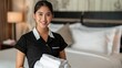 © Leli - A smiling hotel maid stands in front of a freshly made bed, holding towels