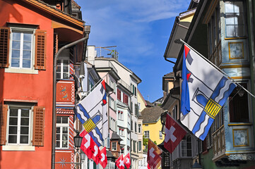 Wall Mural - Street with swiss flags in the old town of Zurich Switzerland