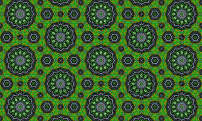 Multicolored pattern with flowers, circles and hexagons